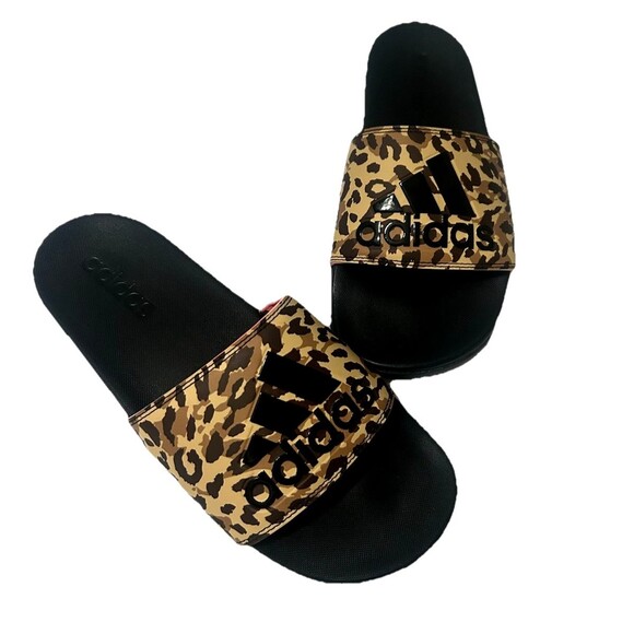 Adidas Adilette Comfort Slide Women's 8 Black Brown Leopard Sandals GZ6412 - Picture 2 of 9
